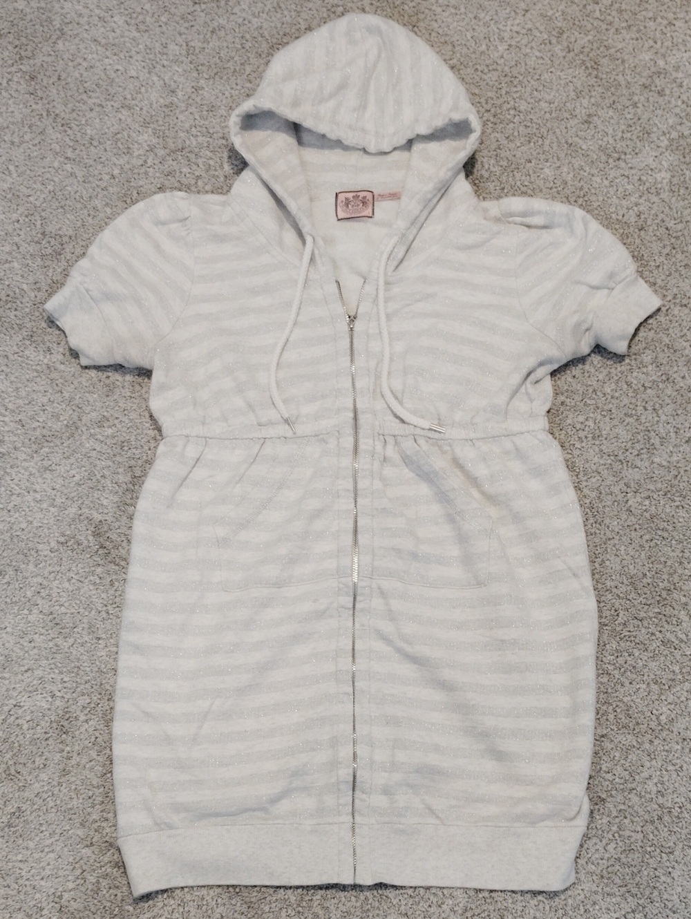 Juicy Couture Short-Sleeve Hooded Zip Dress Style Hoodie in Light Gray Stripe
